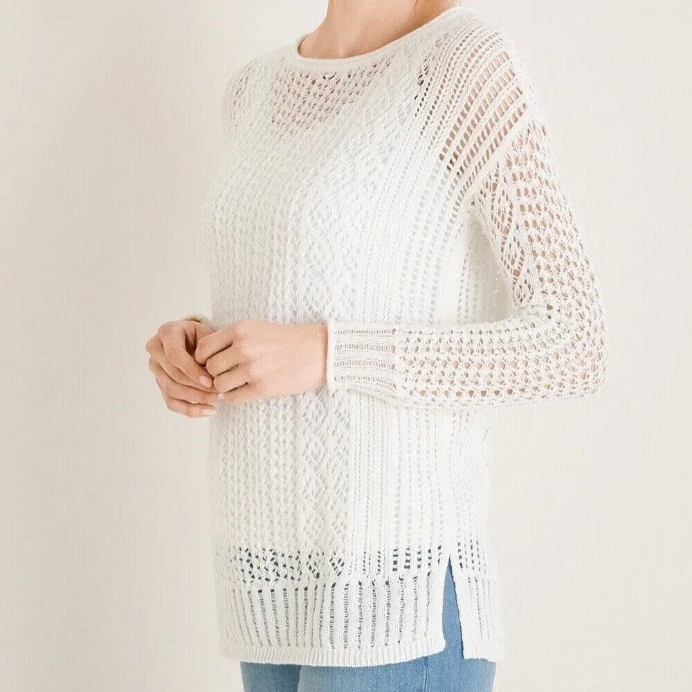 Chico’s Open Stitch Pullover White Sweater Sz SP Long Sleeve Lightweight Crochet